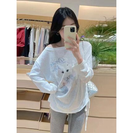 韩系慵懒风猫咪印花防晒罩衫长袖t恤女夏辣妹设计感宽松显瘦上衣