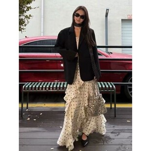 韩系高级感黑色显瘦通勤西服外套千金风波点连衣裙套装 春季 新款