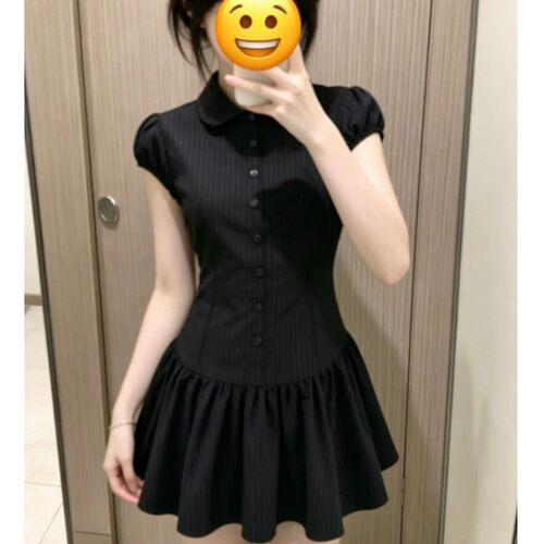 美式学院风黑色短袖连衣裙女夏季修身收腰显瘦辣妹条纹衬衫短裙子