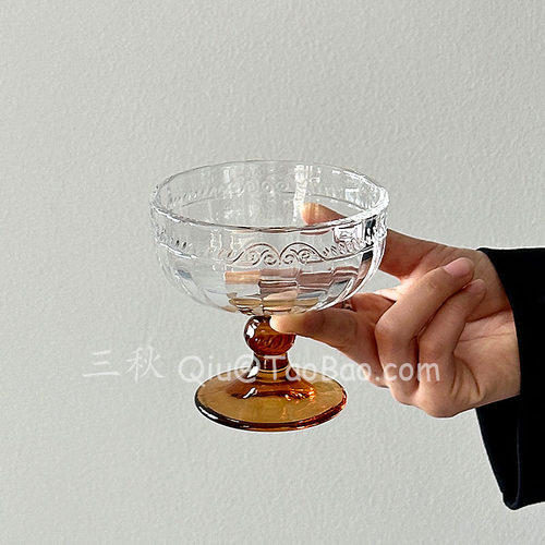 复古浮雕冰淇淋杯玻璃高脚甜品杯