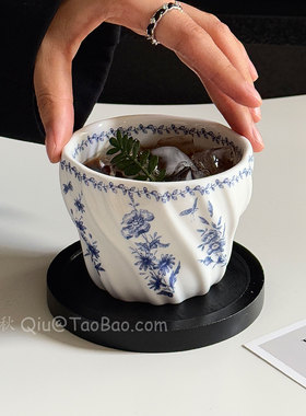 复古不规则青花兰陶瓷手握杯中古风咖啡杯碟拉花杯拿铁杯小众礼物