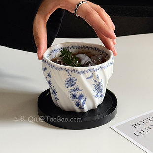 复古不规则青花兰陶瓷手握杯中古风咖啡杯碟拉花杯拿铁杯小众礼物