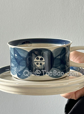中古风手绘蓝色海葵咖啡拿铁杯拉花杯下午茶杯碟复古杯礼物伴手礼
