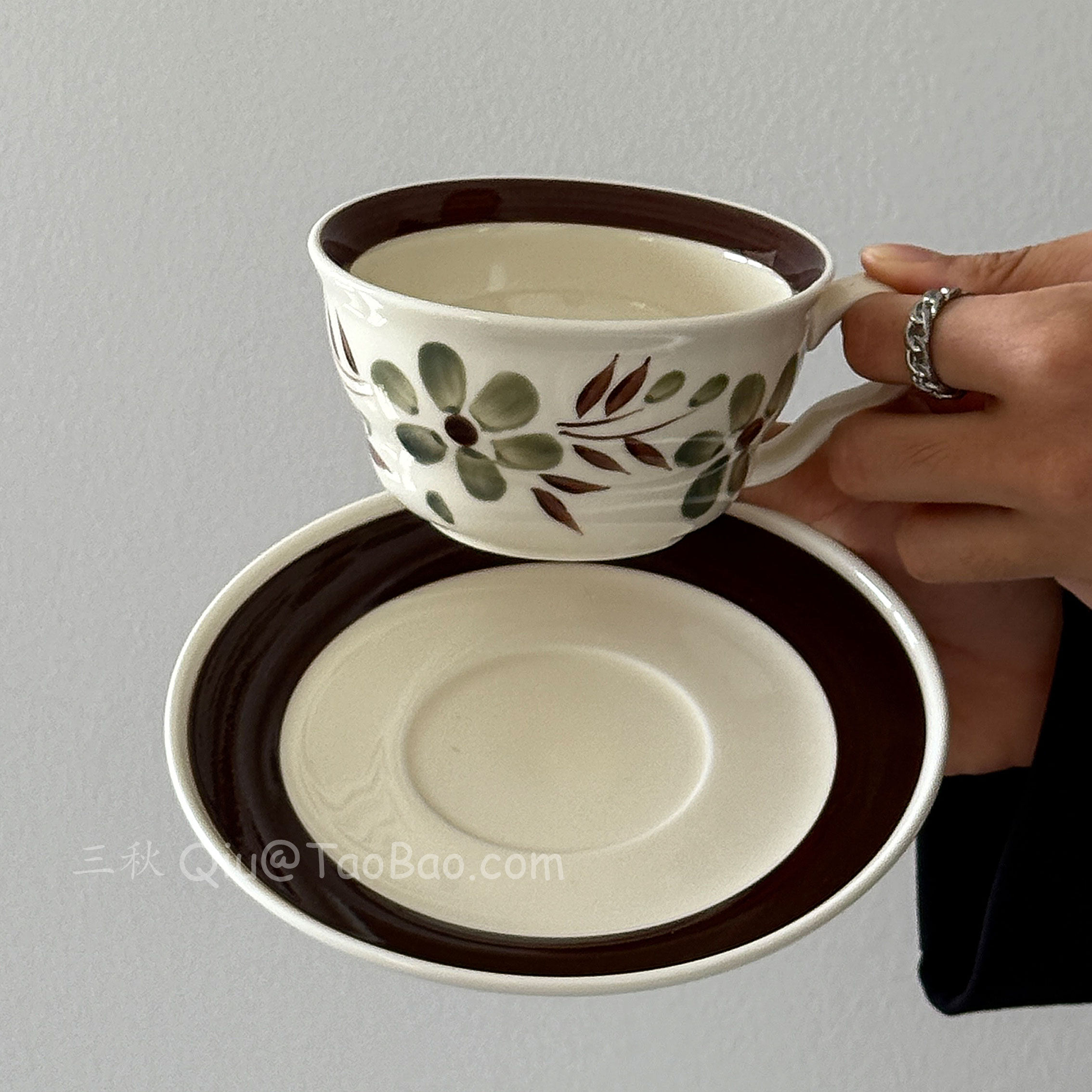 中古风手绘青花棕陶瓷咖啡杯碟子