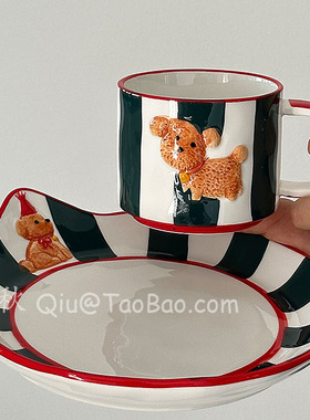 三秋Sanq复古手绘墨绿色铃铛小狗陶瓷马克杯咖啡杯早餐盘小众礼物