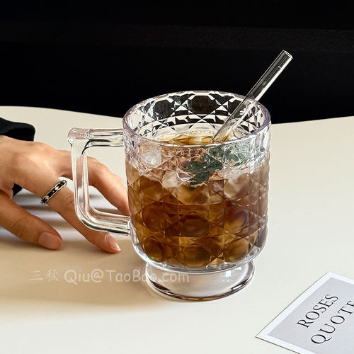 小众复古刻花带把玻璃杯冰咖啡杯