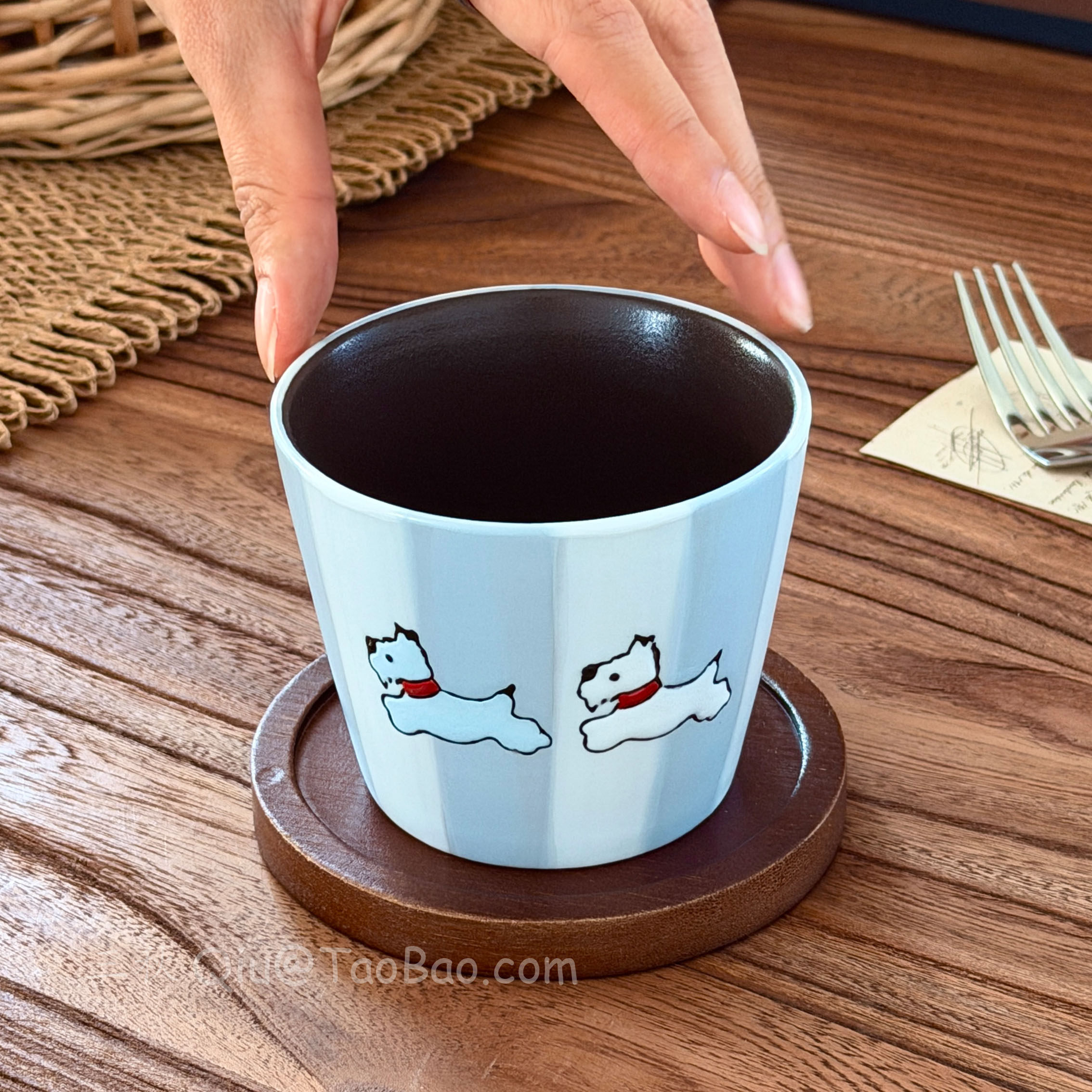 治愈系粗陶蓝条纹潦草小狗手握杯水杯拉花拿铁杯子咖啡杯小众礼物