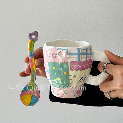 复古手捏彩色拼布马克杯陶瓷水杯