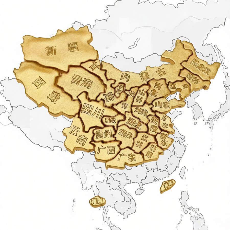 中国地理拼图 黄铜摆件模型 新中式金黄色地图 迷你手工装饰摆件