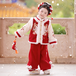兮兮家汉服女童冬季新款中国风套装儿童新中式新年喜庆红色拜年服