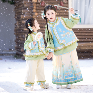 兮兮家汉服女童冬季新款明制马面裙套装儿童中国风加绒拜年服唐装