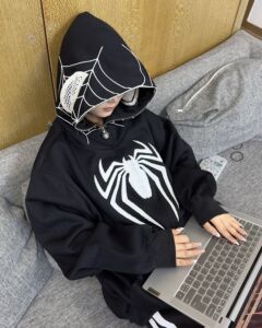 美式复古小众设计蜘蛛侠连帽刺绣卫衣男女拉链开衫街头宽松外套男