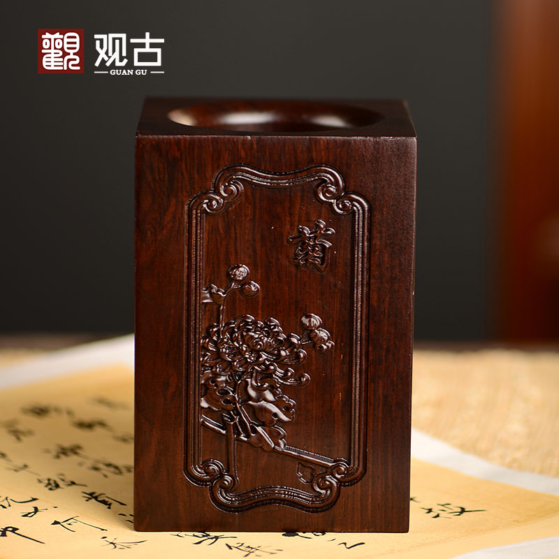 黑檀木雕梅兰菊竹工艺礼品摆饰办公室书桌家居客厅木质中式笔筒摆