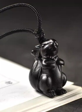 黑色木雕鼠吊坠挂件实木十二生肖木头鼠吉祥物挂件木质装饰工艺品