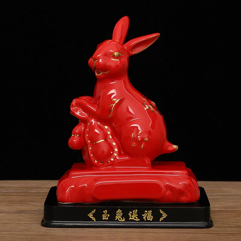 红色陶瓷招财生肖兔摆件