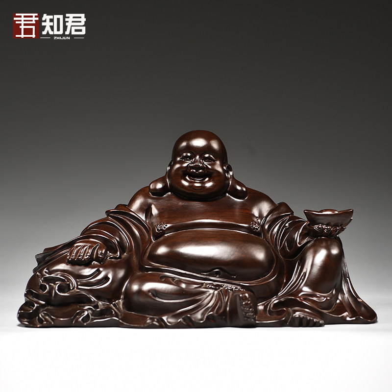 黑檀木雕弥勒佛像摆件实木元宝布袋坐笑佛红木工艺品客厅玄关装饰