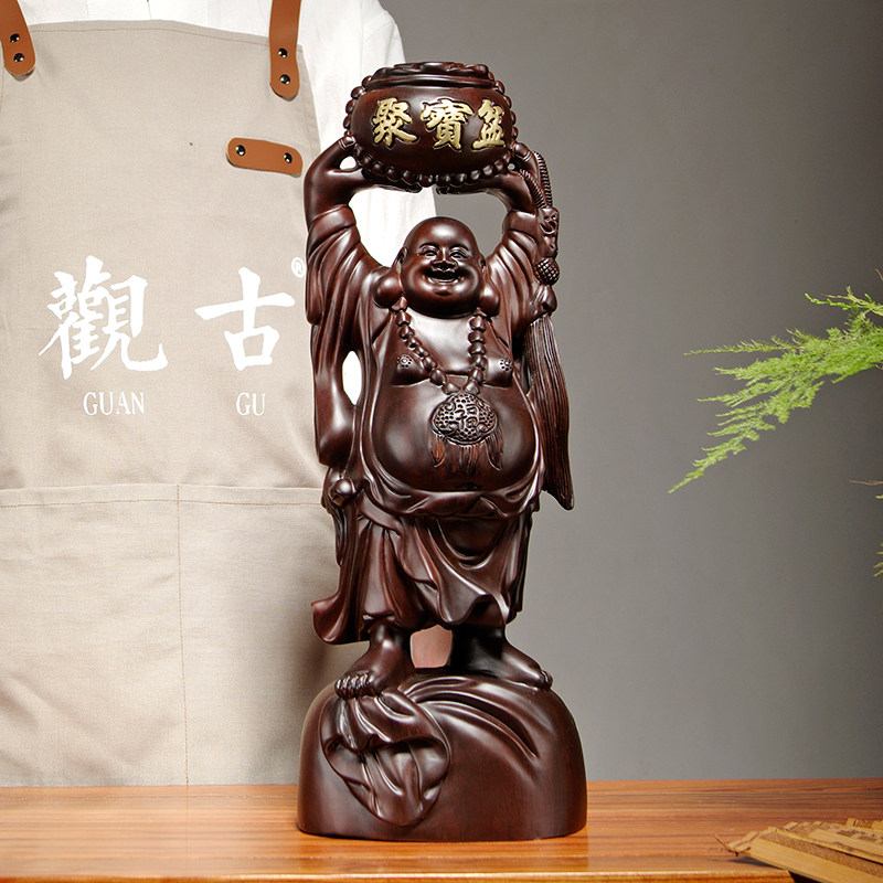 木雕刻弥勒佛像摆件聚宝盆大肚弥勒笑佛家居电视柜装饰红木工艺品
