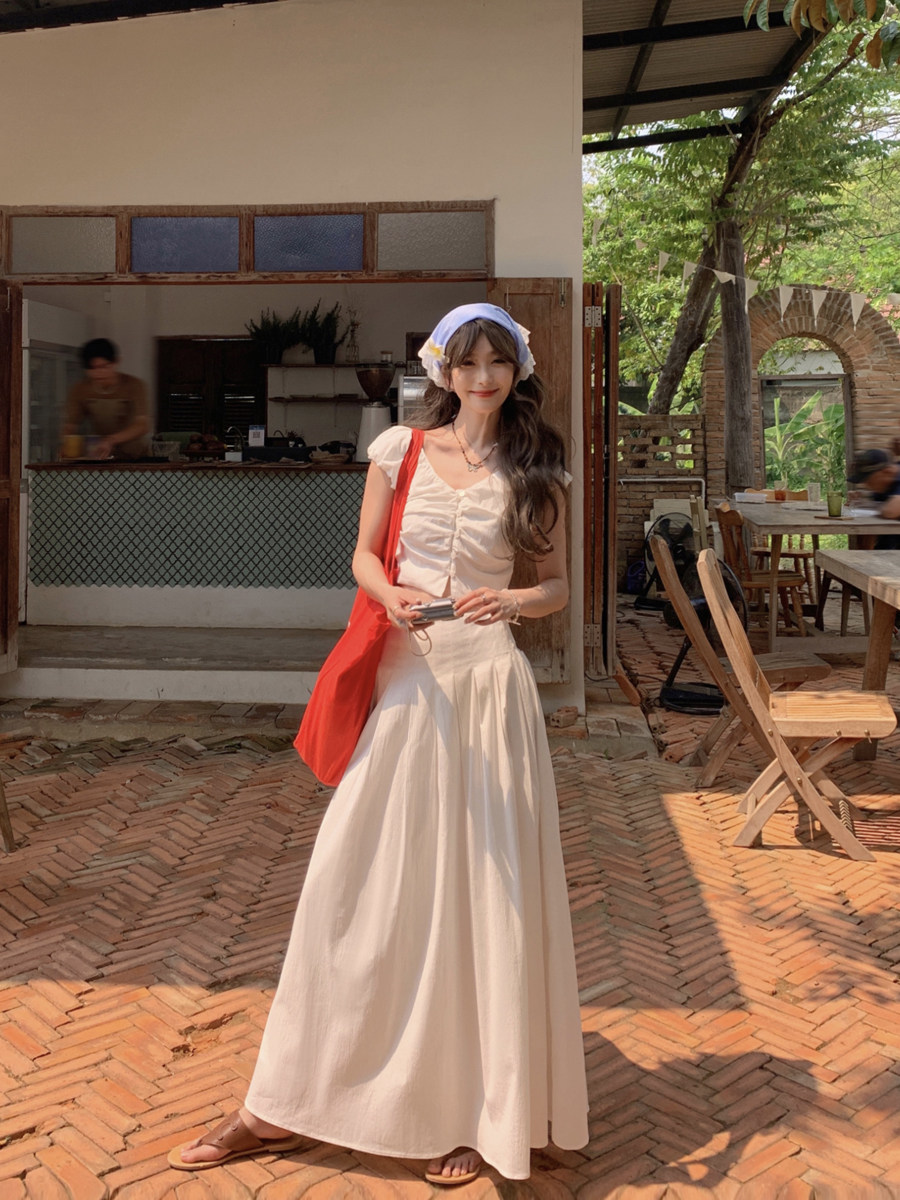 XIALAN XIYU SMBL RAIN 레트로 베이지 디자인 허리 탑 정장 드레스 투피스 여성 여름 세트