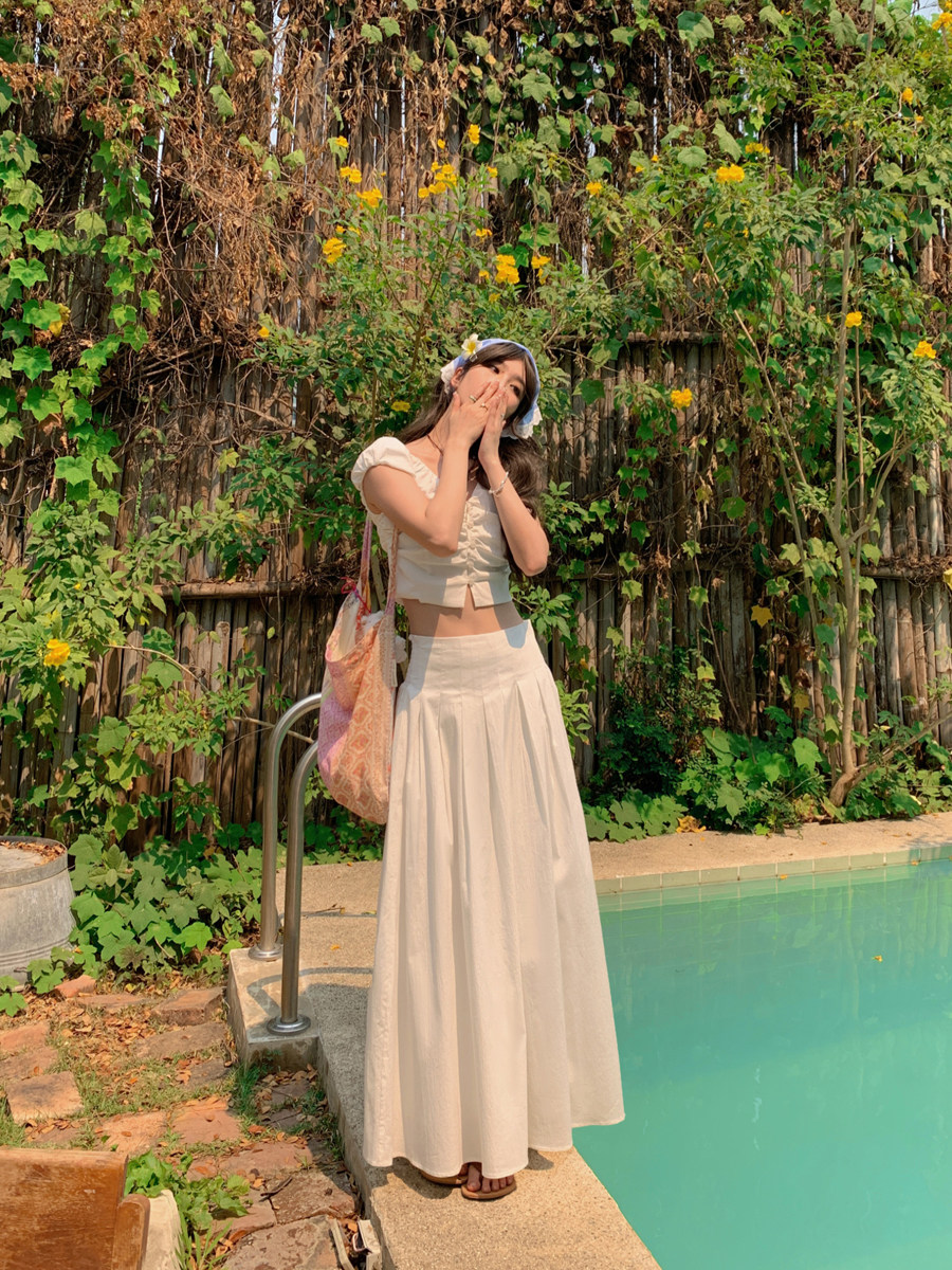 XIALAN XIYU SMBL RAIN 레트로 베이지 디자인 허리 탑 정장 드레스 투피스 여성 여름 세트