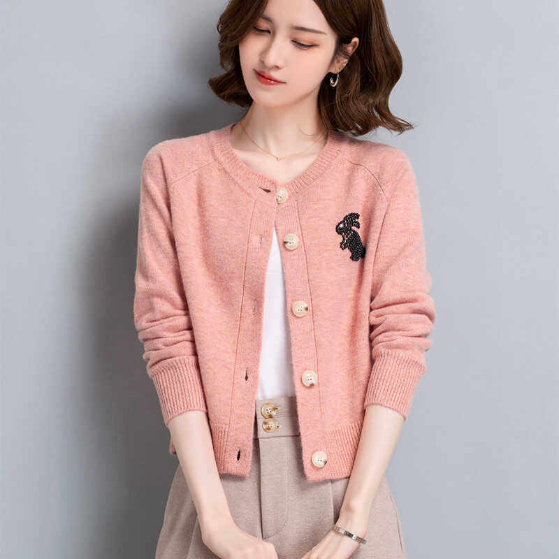 小款女针织开衫v领春秋季小个子高腰短款钉珠上衣设计感毛衣外套