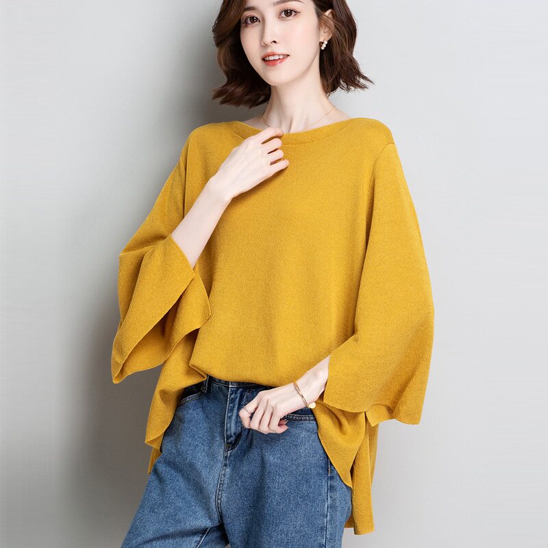 2024秋冬新款宽松大码薄款遮肉套头针织衫圆领空调衫女士韩版纯色