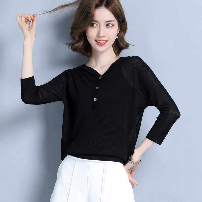 女宽松新款秋季针织衫连帽冰丝短款修身上衣薄款带帽长袖夏季卫衣