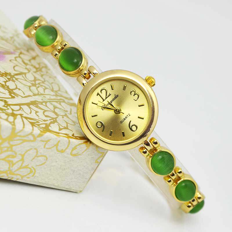 手表女士小众轻奢防水手链表珠宝翡翠绿圆形小表盘学生电子石英表