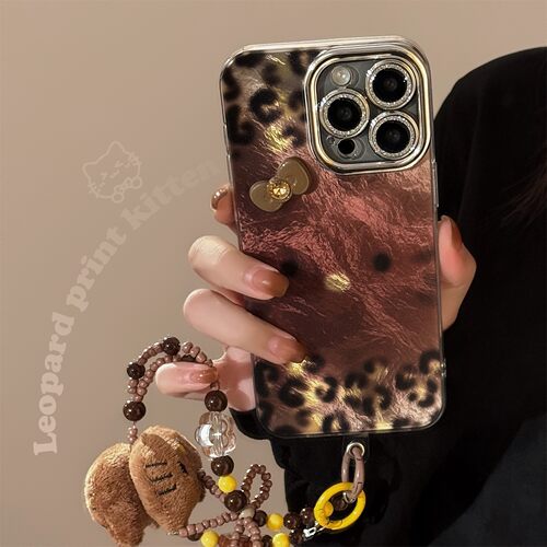 适用棕豹纹辣妹猫咪苹果17手机壳iphone1614pronax挂链13立体闪粉