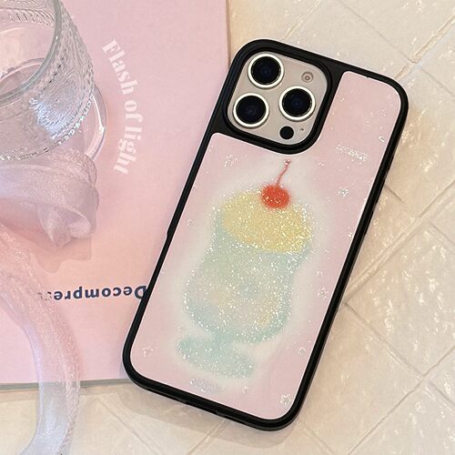 适用琉砂苹果16promax手机壳iphone15闪粉果汁杯17亚克力13韩系14