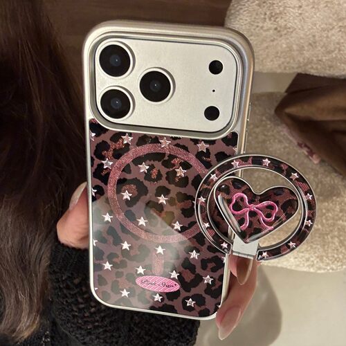 适用豹纹蝴蝶结苹果17promax手机壳13鎏金磁吸支架iphone16甜酷15