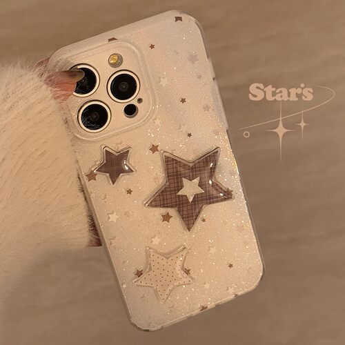 适用立体棕格纹星星苹果16手机壳闪粉iphone15promax软套14双层11