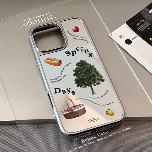 适用春季野餐苹果15promax手机壳iphone16镜面17电镀硬14韩系华为