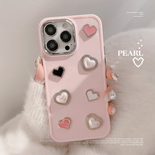 适用甜美爱心珍珠17promax苹果15手机壳iphone13立体宝石1116软套