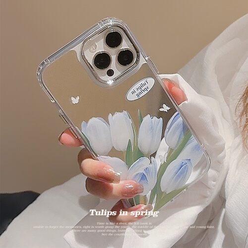 适用气质温柔蓝郁金iphone1617promax苹果15手机壳花朵补妆镜11硬