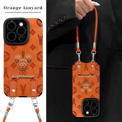 适用米奇公仔挂绳苹果17橙色手机壳iphone15pm硅胶16高颜值女生14