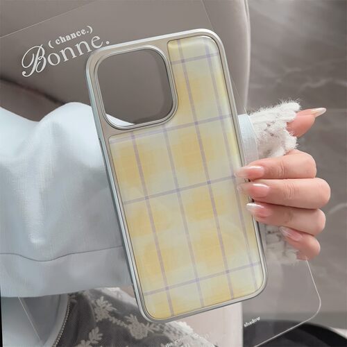 适用黄色格纹苹果16手机壳iphone14promax滴胶17小众韩系15电镀银
