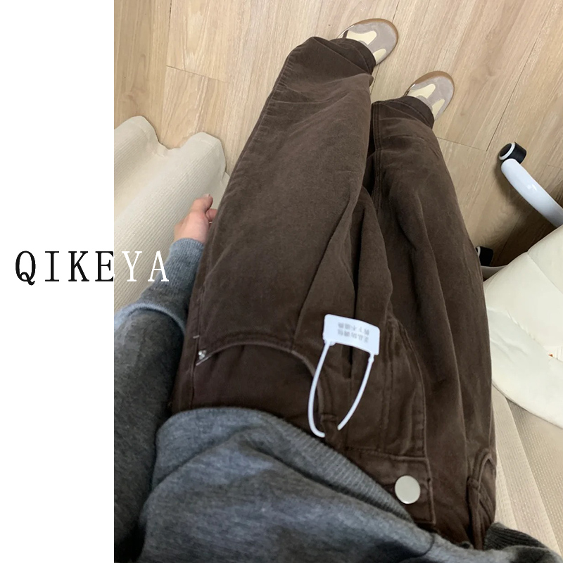 咖色美式窄版阔腿牛仔裤棕色加绒