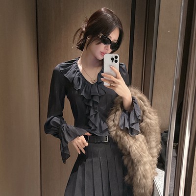 partysu韩国正品代购法式温柔风V领荷叶边喇叭袖女修身气质衬衫