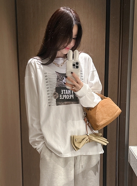 即发 partysu韩国代购 2025小猫印花长袖T恤女宽松百搭休闲上衣