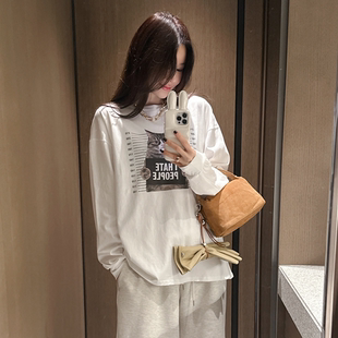 Partysu正品 韩国代购 2025小猫印花长袖T恤女宽松百搭休闲上衣