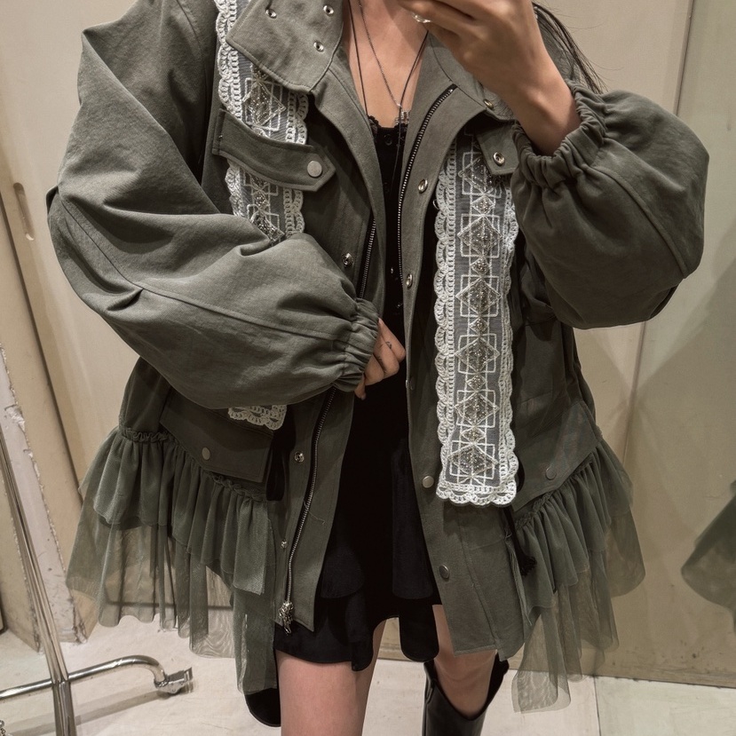 韩国正品代购2025冬季新款复古风泡泡袖拼接蕾丝短外套女下摆网纱