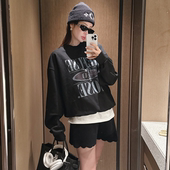 partysu韩国正品 代购 街头风黑色字母印花圆领卫衣女宽松套头上衣