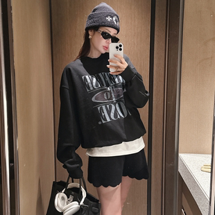 partysu韩国正品代购街头风黑色字母印花圆领卫衣女宽松套头上衣