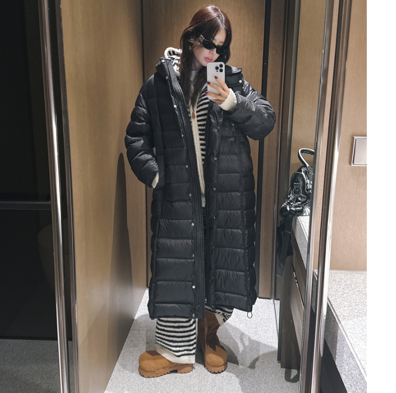 partysu韩国正品代购2025连帽长款排骨羽绒服女加厚保暖过膝外套