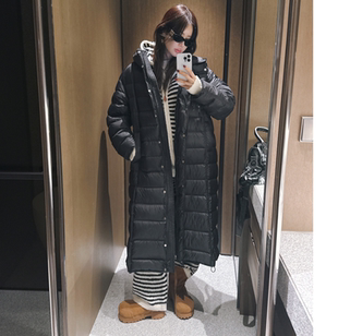 即发 partysu韩国正品代购连帽长款排骨羽绒服女加厚保暖过膝外套