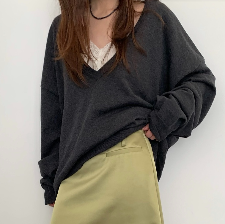 韩国正品代购春季新款慵懒风V领针织衫女长袖套头毛衣上衣