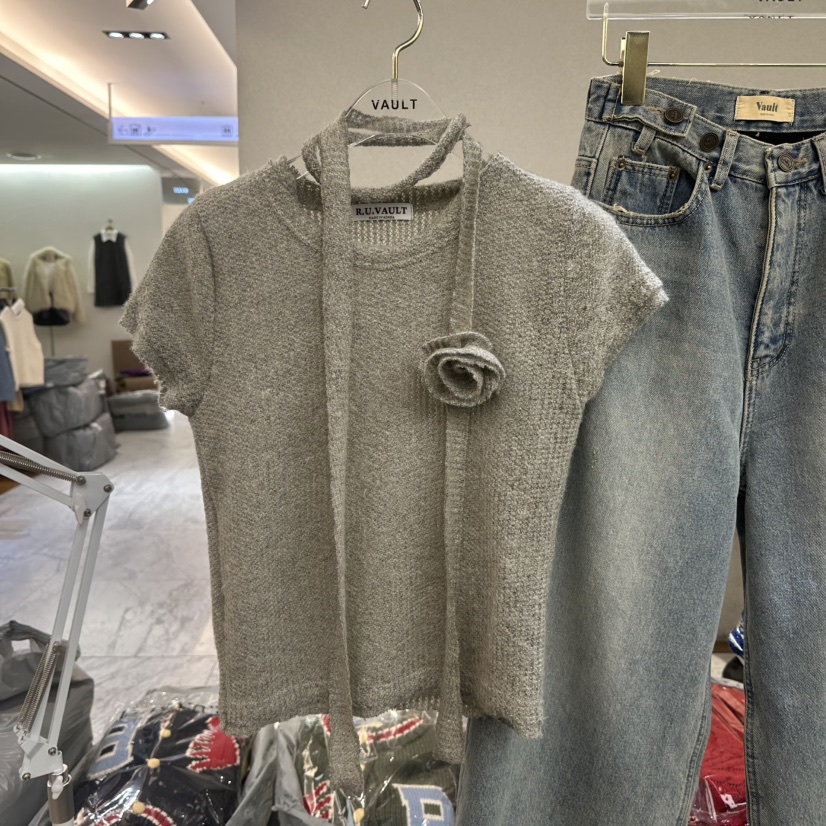 VAULT韩国正品代购2025法式立体花朵飘带针织衫女甜美减龄短袖