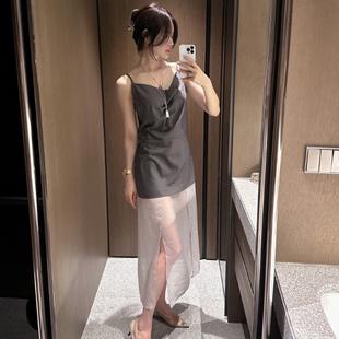 简约吊带连衣裙女拼接优雅气质连衣裙 春 Partysu正品 韩国代购