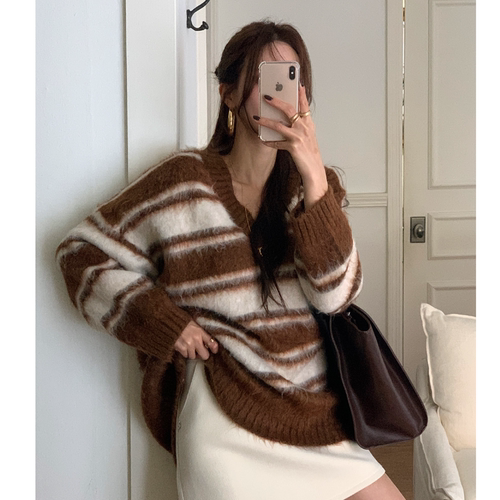 韩国正品代购2025慵懒风撞色条纹毛衣女冬季宽松套头针织衫温柔