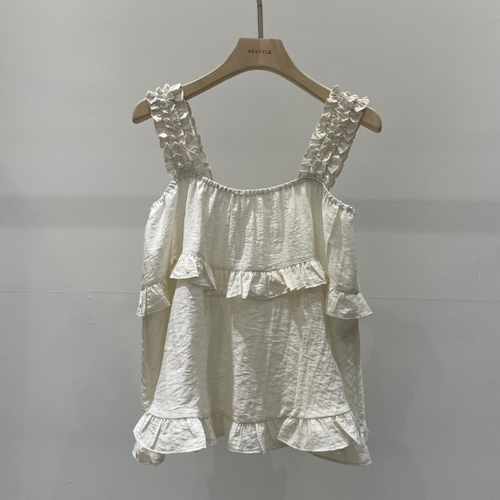 韩国正品代购 RE STYLE-Q夏季新款吸晴荷叶边百搭褶边宽肩带背心